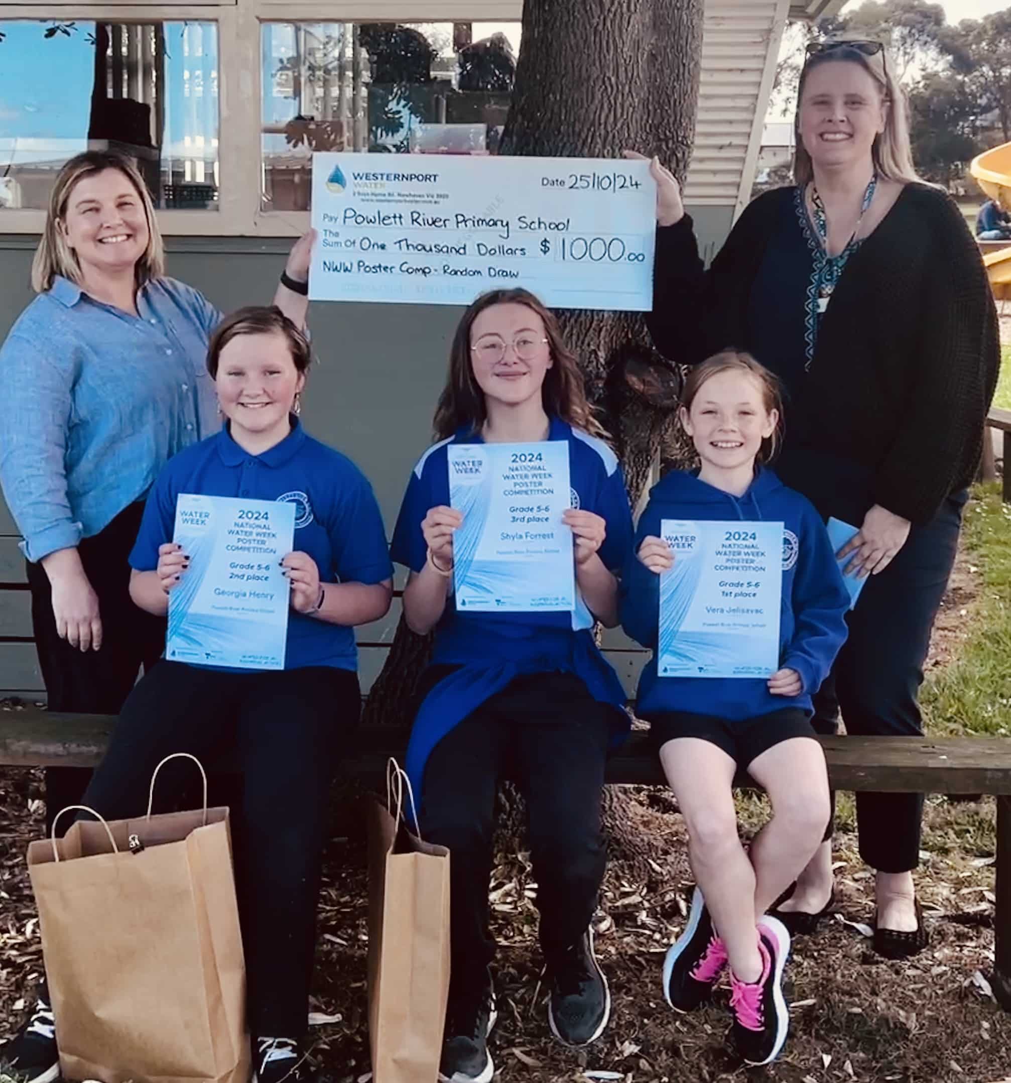 Powlett River Primary School winners, Georgia, Shyla and Vera with Principal Wendy Nicol, receiving their prizes.