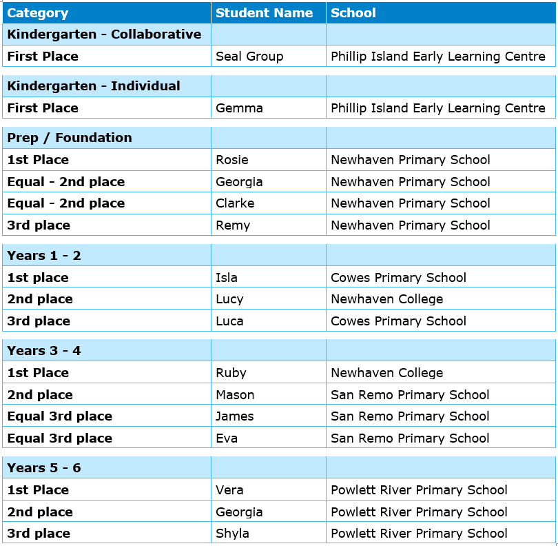 A table that lists the top three winners from each age category.